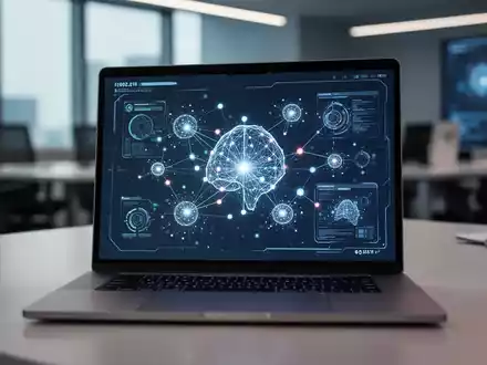 Moderner Laptop-Bildschirm mit KI-Oberfläche und Datenvisualisierungsknoten in einem professionellen Büro. - Foto: über boerse-global.de