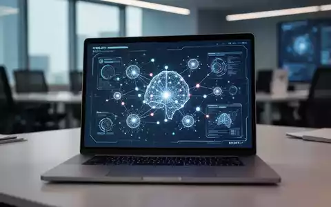 Moderner Laptop-Bildschirm mit KI-Oberfläche und Datenvisualisierungsknoten in einem professionellen Büro. - Foto: über boerse-global.de