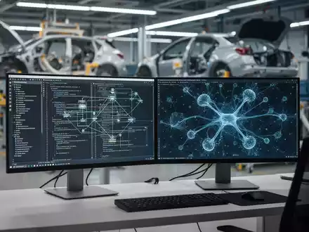 Moderner Arbeitsplatz eines Softwareentwicklers mit Code-Visualisierungen und einem unscharfen Hintergrund aus der Automobilproduktion. - Foto: über boerse-global.de