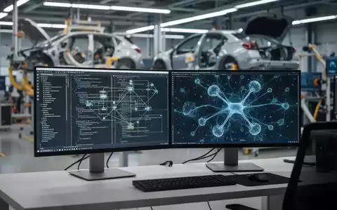 Moderner Arbeitsplatz eines Softwareentwicklers mit Code-Visualisierungen und einem unscharfen Hintergrund aus der Automobilproduktion. - Foto: über boerse-global.de