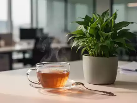 Ein ruhiger, moderner Arbeitsplatz mit einer Pflanze und einer Tasse Tee, der Entspannung und psychische Gesundheit symbolisiert. - Foto: über boerse-global.de