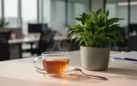 Ein ruhiger, moderner Arbeitsplatz mit einer Pflanze und einer Tasse Tee, der Entspannung und psychische Gesundheit symbolisiert. - Foto: über boerse-global.de
