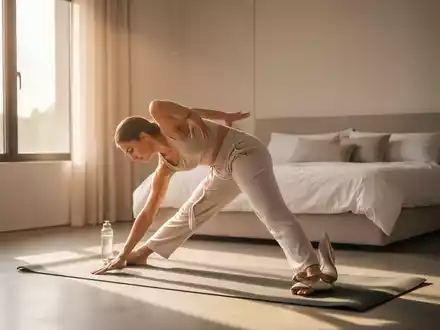 Eine Person führt sanfte Dehnübungen auf einer Yogamatte in einem sonnendurchfluteten, modernen Schlafzimmer aus. - Foto: über boerse-global.de