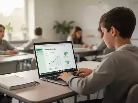 Ein Schüler arbeitet an einem Laptop in einem modernen Klassenzimmer, um Finanz- und Medienkompetenz zu erlernen. - Foto: über boerse-global.de