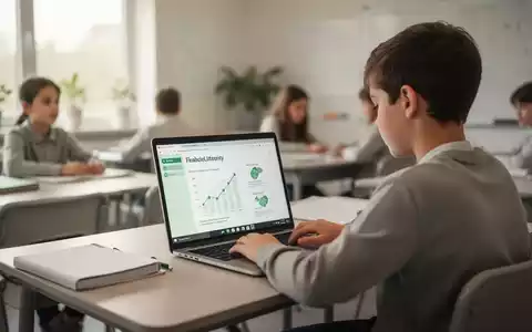 Ein Schüler arbeitet an einem Laptop in einem modernen Klassenzimmer, um Finanz- und Medienkompetenz zu erlernen. - Foto: über boerse-global.de