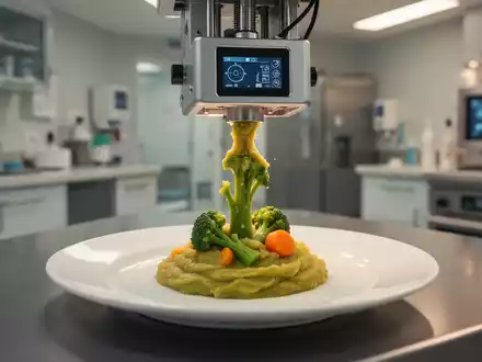 Ein 3D-Lebensmitteldrucker formt pürierte Speisen in einer modernen Pflegeküche für Senioren ansprechend an. - Foto: über boerse-global.de