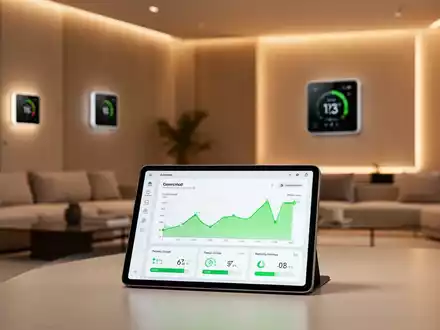 Ein modernes Wohnzimmer mit einem Tablet auf einem Tisch, das ein Dashboard zur Energieeffizienz anzeigt. - Foto: über boerse-global.de