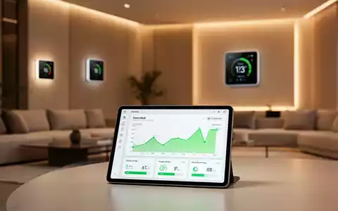 Ein modernes Wohnzimmer mit einem Tablet auf einem Tisch, das ein Dashboard zur Energieeffizienz anzeigt. - Foto: über boerse-global.de
