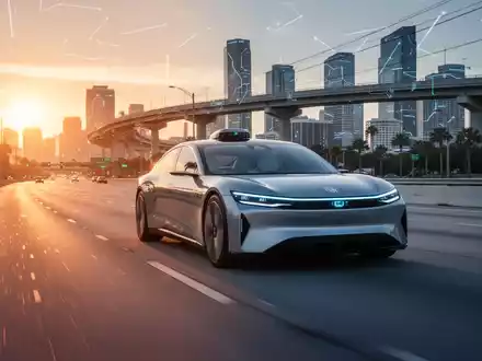 Autonomes Tesla-Robotaxi auf moderner Autobahn bei Sonnenuntergang in Florida. - Foto: über boerse-global.de