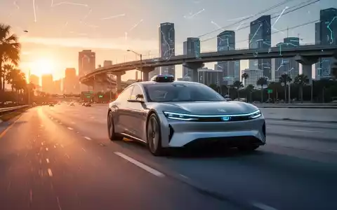 Autonomes Tesla-Robotaxi auf moderner Autobahn bei Sonnenuntergang in Florida. - Foto: über boerse-global.de