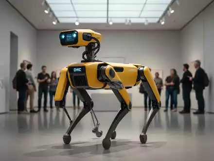 Ein vierbeiniger Spot-Roboter von Boston Dynamics steht in einem modernen Museumssaal und interagiert mit Besuchern. - Foto: über boerse-global.de
