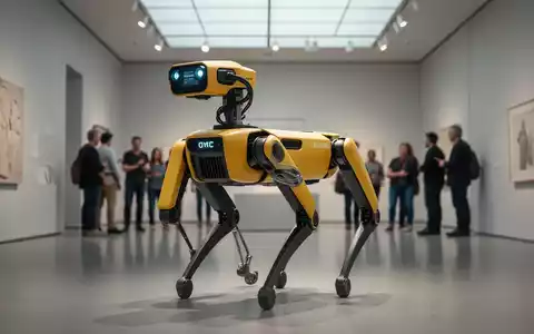 Ein vierbeiniger Spot-Roboter von Boston Dynamics steht in einem modernen Museumssaal und interagiert mit Besuchern. - Foto: über boerse-global.de