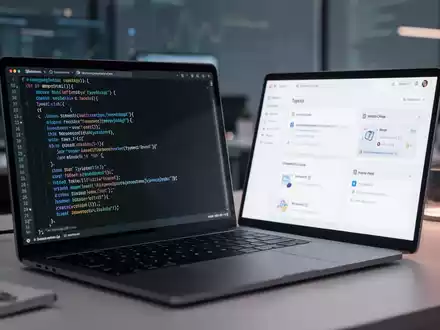Laptop-Bildschirm mit TypeScript-Code und digitalem Dashboard für programmierbare Arbeitsplatzinfrastruktur. - Foto: über boerse-global.de