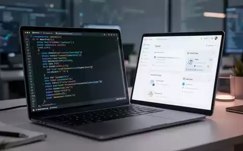 Laptop-Bildschirm mit TypeScript-Code und digitalem Dashboard für programmierbare Arbeitsplatzinfrastruktur. - Foto: über boerse-global.de