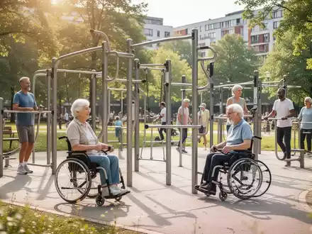 Ein moderner, barrierefreier Outdoor-Fitnesspark mit verschiedenen Sportgeräten in einer städtischen Grünanlage. - Foto: über boerse-global.de