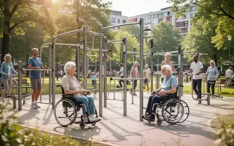 Ein moderner, barrierefreier Outdoor-Fitnesspark mit verschiedenen Sportgeräten in einer städtischen Grünanlage. - Foto: über boerse-global.de