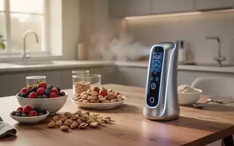 Ein moderner, minimalistischer Frühstückstisch mit gesunden Lebensmitteln und einem digitalen Atemsensor zur Stoffwechselüberwachung. - Foto: über boerse-global.de