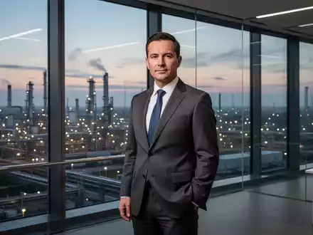 Eine professionelle Führungskraft in einem modernen Büro mit Blick auf eine industrielle Architekturlandschaft. - Foto: über boerse-global.de