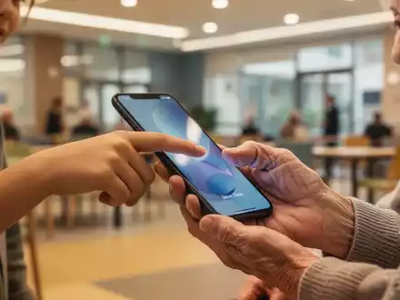Eine junge und eine ältere Person betrachten gemeinsam ein Smartphone, um digitale Kompetenzen zu vermitteln. - Foto: über boerse-global.de