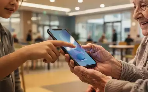 Eine junge und eine ältere Person betrachten gemeinsam ein Smartphone, um digitale Kompetenzen zu vermitteln. - Foto: über boerse-global.de