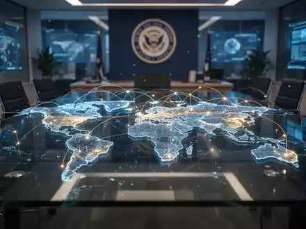 Digital vernetzte Weltkarte auf einem Konferenztisch als Symbol für die internationale digitale und politische Kooperation. - Foto: über boerse-global.de