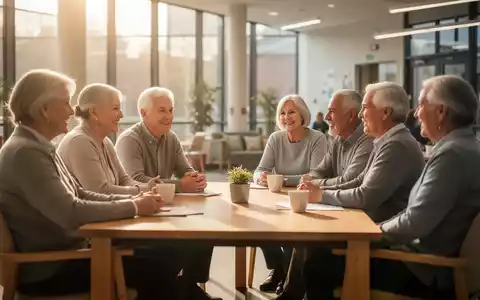 Eine diverse Gruppe von Menschen mittleren Alters sitzt in einem hellen Gemeinschaftsraum zusammen und unterhält sich. - Foto: über boerse-global.de