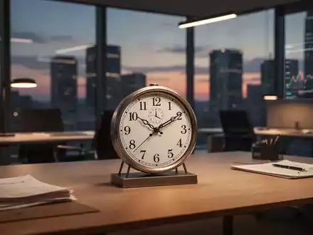Eine Schreibtisch-Uhr auf einem modernen Büroarbeitsplatz symbolisiert den Achtstundentag. - Foto: über boerse-global.de