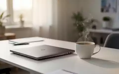 Ein aufgeräumter Schreibtisch mit einem geschlossenen Laptop und einer Kaffeetasse in hellem Tageslicht. - Foto: über boerse-global.de