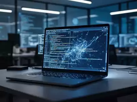 Laptop-Bildschirm mit Softwarecode in einem gedimmten, modernen Büro. - Foto: über boerse-global.de