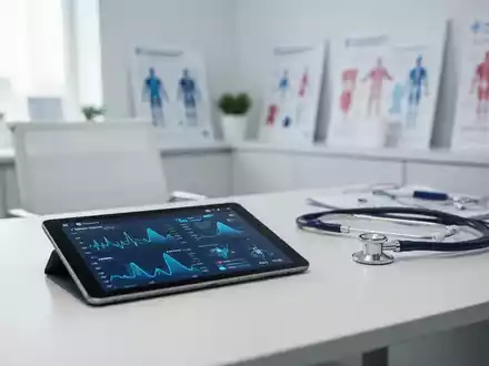 Modernes Behandlungszimmer mit medizinischen Lehrmaterialien und einem Tablet für digitale Gesundheitsaufklärung. - Foto: über boerse-global.de