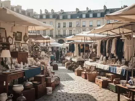 Ein organisierter Flohmarktstand mit verschiedenen Gebrauchsgegenständen und Kleidung in einer sonnigen Stadtumgebung. - Foto: über boerse-global.de
