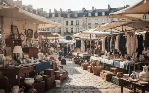 Ein organisierter Flohmarktstand mit verschiedenen Gebrauchsgegenständen und Kleidung in einer sonnigen Stadtumgebung. - Foto: über boerse-global.de