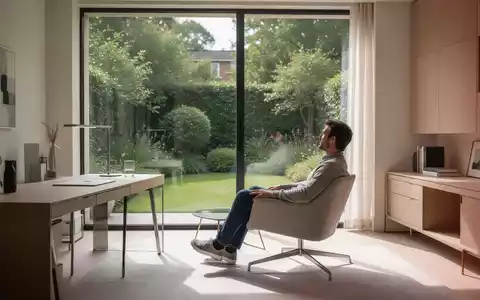 Eine entspannte Person in einem hellen, minimalistischen Büro blickt aus dem Fenster in einen grünen Garten. - Foto: über boerse-global.de