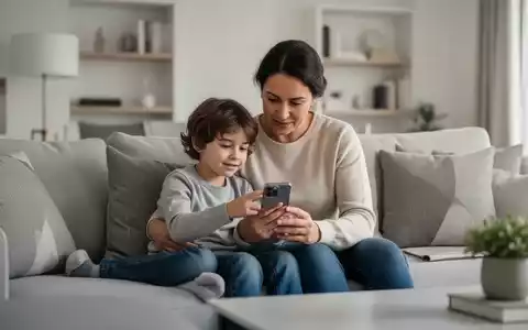 Ein Elternteil und ein Kind schauen gemeinsam auf einen Smartphone-Bildschirm in einem hellen, modernen Wohnzimmer. - Foto: über boerse-global.de