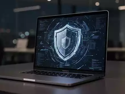 Moderner MacBook Pro-Bildschirm mit digitalen Sicherheitsgrafiken in einem professionellen Büro. - Foto: über boerse-global.de