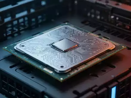 Nahaufnahme eines leistungsstarken AMD EPYC Serverprozessorchips auf einem Server-Rack. - Foto: über boerse-global.de