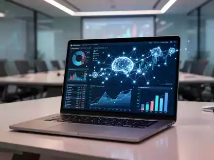 Ein Laptop mit fortgeschrittenen Finanzdatenvisualisierungen und neuronalen Netzgrafiken in einem professionellen Büro. - Foto: über boerse-global.de