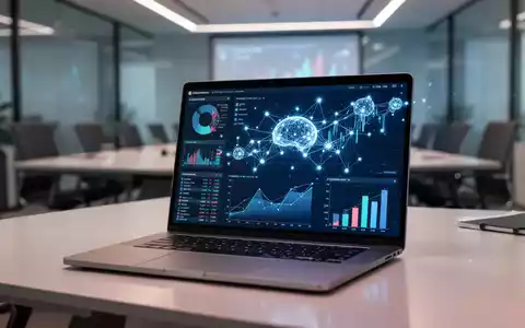 Ein Laptop mit fortgeschrittenen Finanzdatenvisualisierungen und neuronalen Netzgrafiken in einem professionellen Büro. - Foto: über boerse-global.de