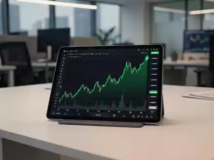 Ein Tablet mit steigenden Aktienkursen auf einem modernen Schreibtisch. - Foto: über boerse-global.de