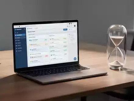 Moderner, aufgeräumter Schreibtisch mit Laptop und Sanduhr als Symbol für effizientes Zeitmanagement im Büro. - Foto: über boerse-global.de