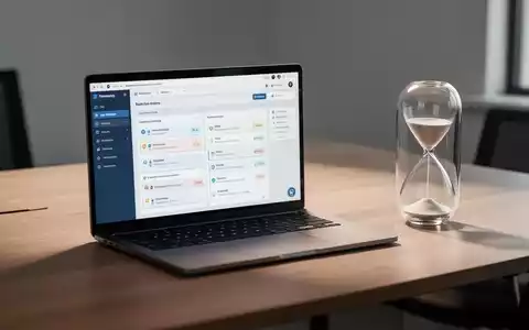 Moderner, aufgeräumter Schreibtisch mit Laptop und Sanduhr als Symbol für effizientes Zeitmanagement im Büro. - Foto: über boerse-global.de