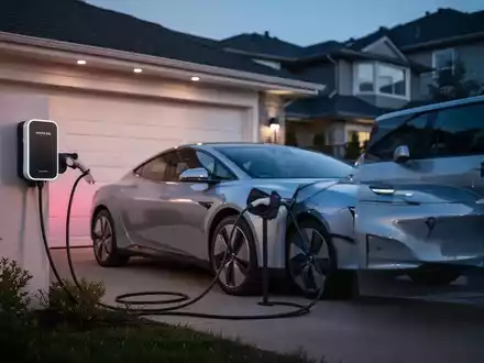 Ein modernes Elektroauto lädt an einer privaten Wallbox vor einem Wohnhaus bei Dämmerung. - Foto: über boerse-global.de