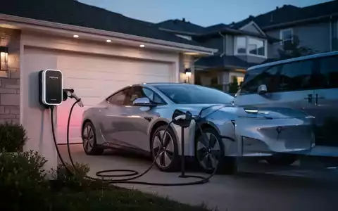 Ein modernes Elektroauto lädt an einer privaten Wallbox vor einem Wohnhaus bei Dämmerung. - Foto: über boerse-global.de