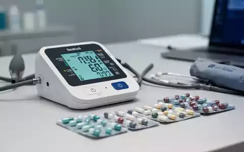 Digitales Blutdruckmessgerät und Medikamentenverpackungen auf einem Schreibtisch in einer Arztpraxis. - Foto: über boerse-global.de