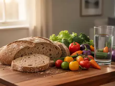 Gesunde Lebensmittel wie Vollkornbrot und frisches Gemüse auf einem Holztisch bei natürlichem Licht. - Foto: über boerse-global.de
