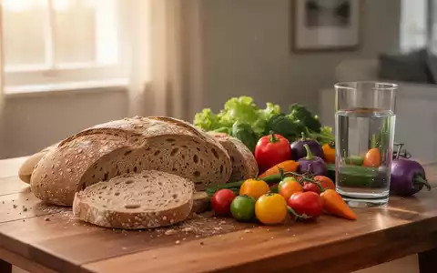Gesunde Lebensmittel wie Vollkornbrot und frisches Gemüse auf einem Holztisch bei natürlichem Licht. - Foto: über boerse-global.de