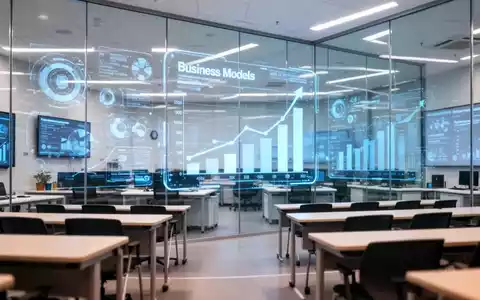 Moderne Hörsaal-Umgebung mit digitalen Datenvisualisierungen zur KI-gestützten Geschäftsmodelloptimierung. - Foto: über boerse-global.de