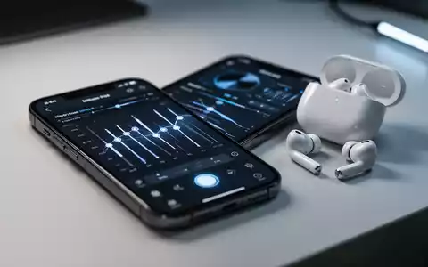 Nahaufnahme eines iPhones mit Equalizer-Einstellungen neben AirPods Pro auf einem modernen Schreibtisch. - Foto: über boerse-global.de