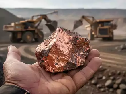 Ein Kupfererz-Muster in einer Hand vor einer verschwommenen Bergbaulandschaft. - Foto: über boerse-global.de