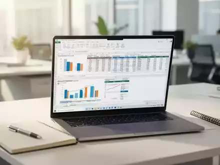 Moderner Büroarbeitsplatz mit einem Laptop, auf dem komplexe Microsoft Excel-Datenanalysen und Diagramme zu sehen sind. - Foto: über boerse-global.de
